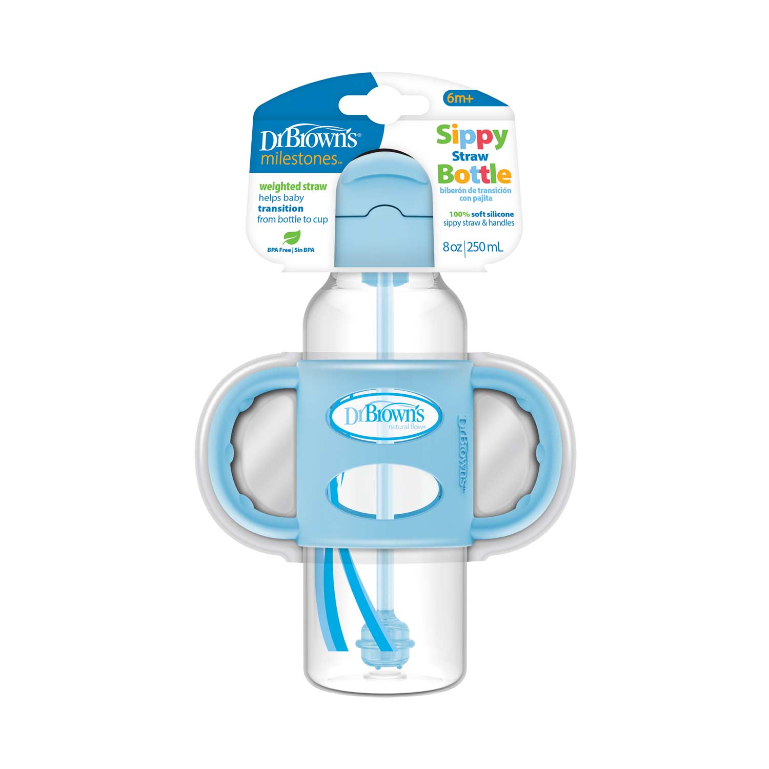 Dr. Brown's Milestones Narrow Sippy Straw Bottle with Silicone Handles, 8 oz/250 mL